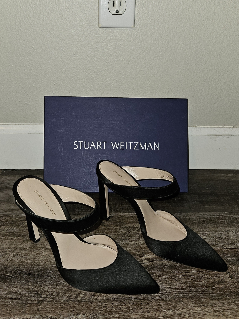 Stuart Weitzman Black Satin Pointed Mules with Strap